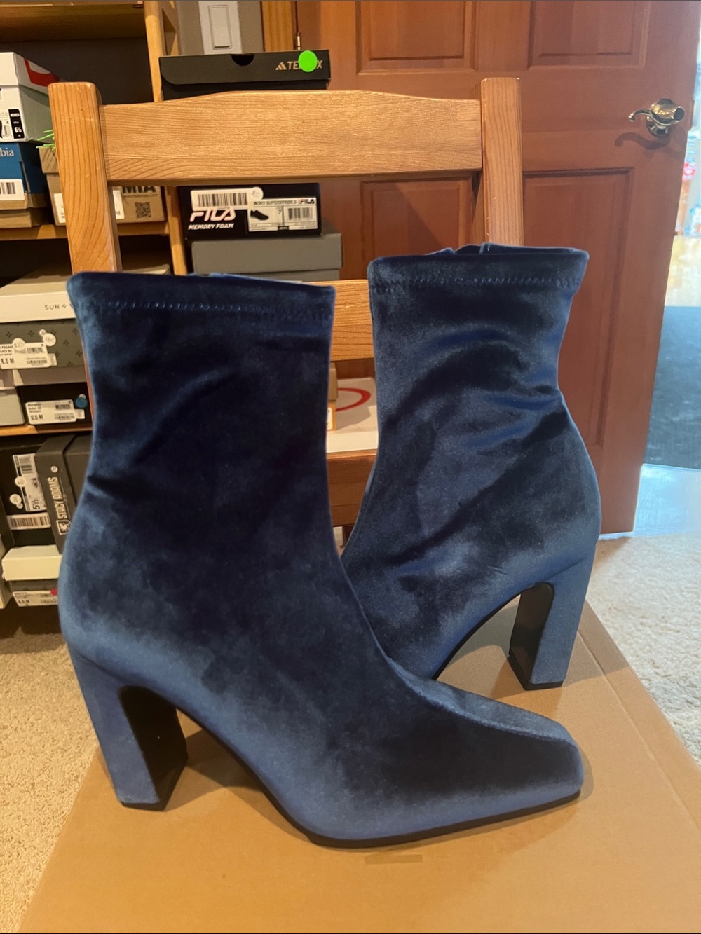 Steve Madden Navy Velvet Block Heel Ankle Boots